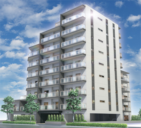 Buildings and facilities. The building is to ensure about 74% corner dwelling unit rate, Lighting to more dwelling units ・ ventilation, And ensure an open feeling blessed. The Ya numerous park around, Colorful life facilities are scattered to the day-to-day life more comfortable. (Exterior - Rendering /  ※ Which was raised drawn based on drawing, In fact a slightly different.  ※ Tree species of planting ・ For the size of the, It has become unsettled, No attempt has been made to grow to about Rendering at the time of completion. Also planting does not indicate the status of a particular season)