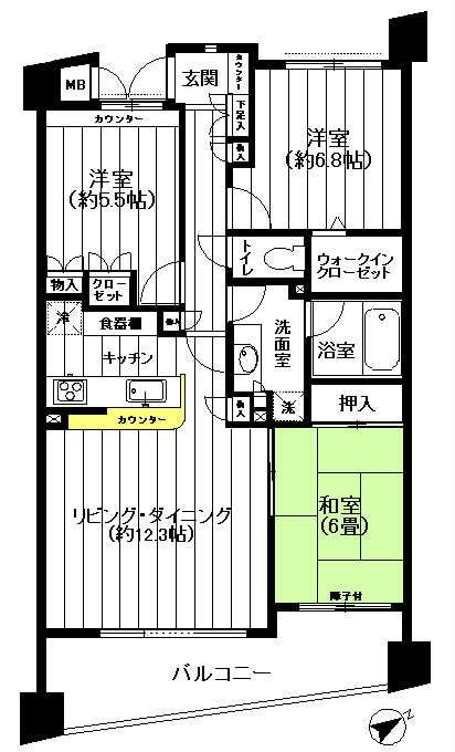 Floor plan. 3LDK, Price 34,800,000 yen, Footprint 77.3 sq m , Balcony area 12.1 sq m