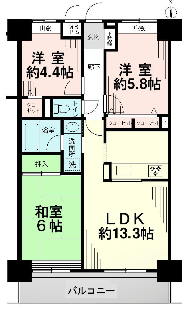 Floor plan. 3LDK, Price 26,800,000 yen, Footprint 67.2 sq m , Balcony area 8.96 sq m