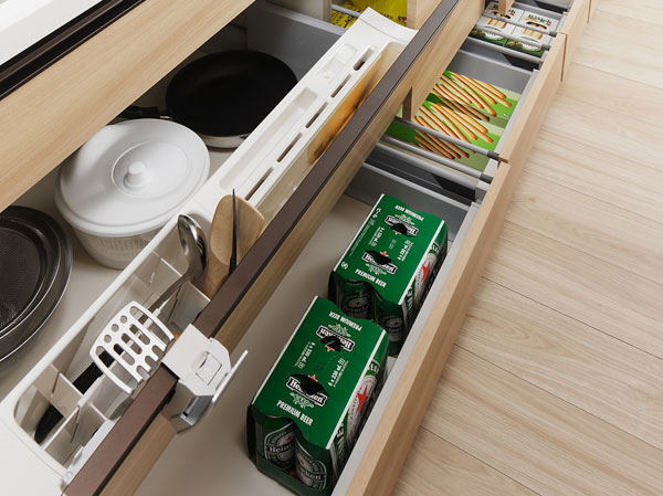 Kitchen.  [Storage and pleasure package that can be taken out of the cooking utensils in one push] Such as a kitchen knife and cutting board, The cooking utensils that are frequently out only tilt the door, You can retrieve overlooks at a glance. Furthermore, since the possible removal of the pocket, Cleaning is also easier.