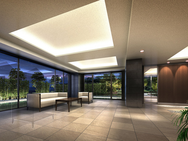 Shared facilities.  [Entrance hall ・ Lounge Rendering] From the wide glass window of the lounge, Daytime Insert the sunshine of just overflowing with Sansan, It will be filled to the relaxed feeling of opening. Furthermore landscape likened to the basin of granite and gravel that was nestled outside the window, In a special space to bring the healing and moisturizing. Good comfortable such as Tsutsumikomu gently with just spend the time this location is, Live person. Greeted warmly also for visitors of course.