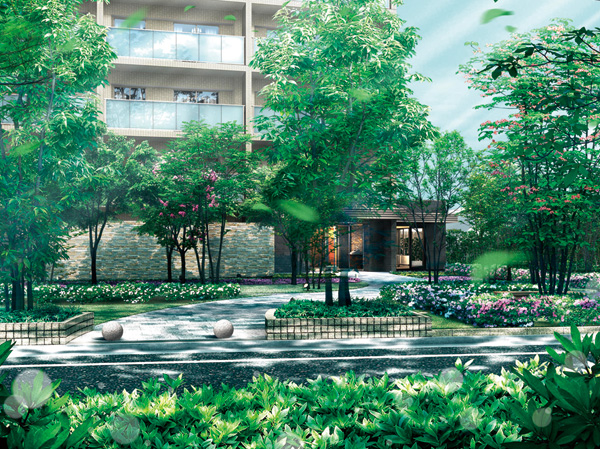 Buildings and facilities. Feel the gentle sound of the abundant grace and water of nature from the water park, Approach to change to a private, Lush "Biot ・ Green Park "to. By the time you reach the entrance, Trees and plants of the garden changes its appearance depending on the season, Pocket park that many kinds of azalea bloom, It is a journey that, such as the small diameter of the stone pavement has been arranged. (Entrance approach / Biot ・ Green Park Rendering)