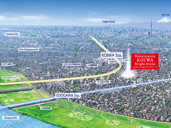 Surrounding environment. Nearest station of <Renaissance Koiwa Bright Arena> is, Of 9 minute walk JR Sobu Line of "Koiwa" station ( ※ 1). Tokyo up to 15 minutes, Access to the Shinjuku up to 28 minutes and the city center is not perfect. Commuting and shopping, etc., Comfortable access environment in everyday life, It created a room in time.  ※ Slightly different from that in and subjected to a CG processing to those empty around local shooting (February 2012 shooting).