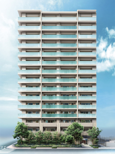 Features of the building.  [appearance] Southeast ・ Corner lot the two sides of the southwest is a feeling of opening facing the public road. All mansion located in southeast, We aim to live to be nestled in the pleasant light and wind. Facade design elegant appearance BEIGE the (beige) as a concept color. The shared portion, Edo Kiriko and crystal glass has provided a brilliant sparkling space. (Rendering CG ※ In which hurts drawn based on drawing, In fact and it may be slightly different. )