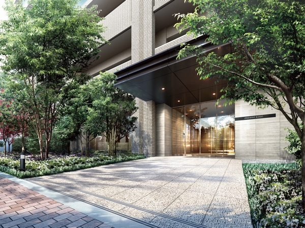 Entrance approach Rendering. One green dark planted 栽計 paintings of charm