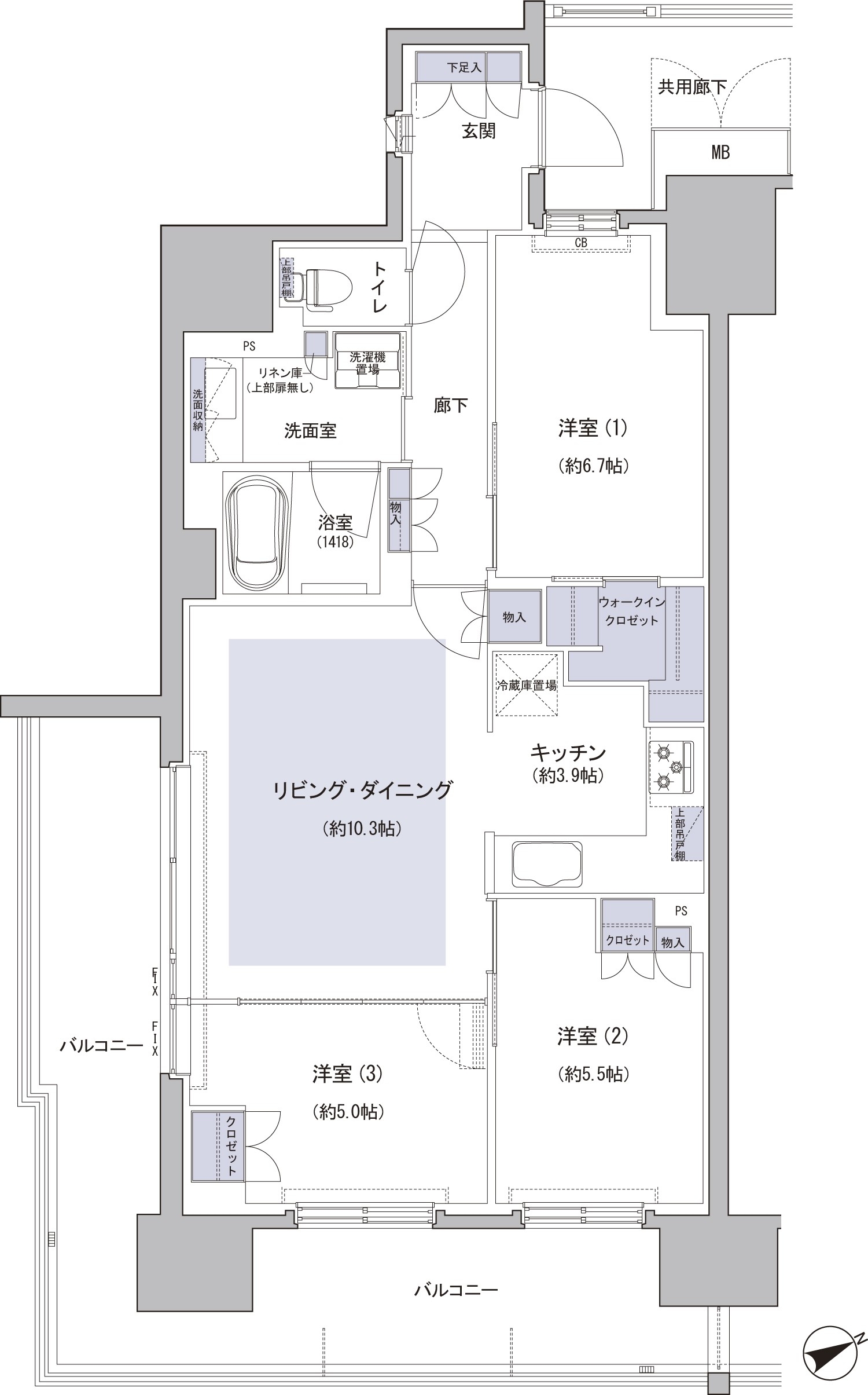D type 3LDK + WIC Occupied area / 74.64 sq m Balcony area / 23.70 sq m ※ WIC = walk-in closet