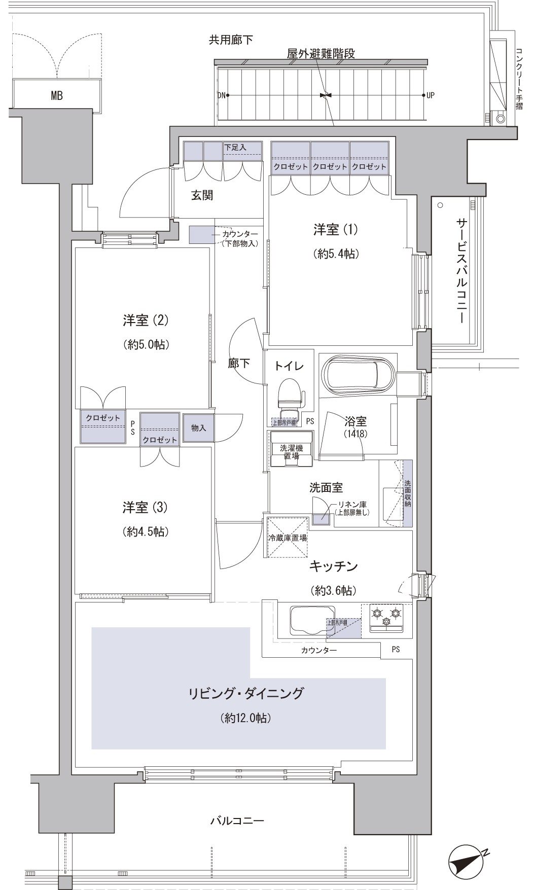 A type 3LDK + WIC Occupied area / 70.31 sq m Balcony area / 11.16 sq m Service balcony area / 2.77 sq m ※ WIC = walk-in closet
