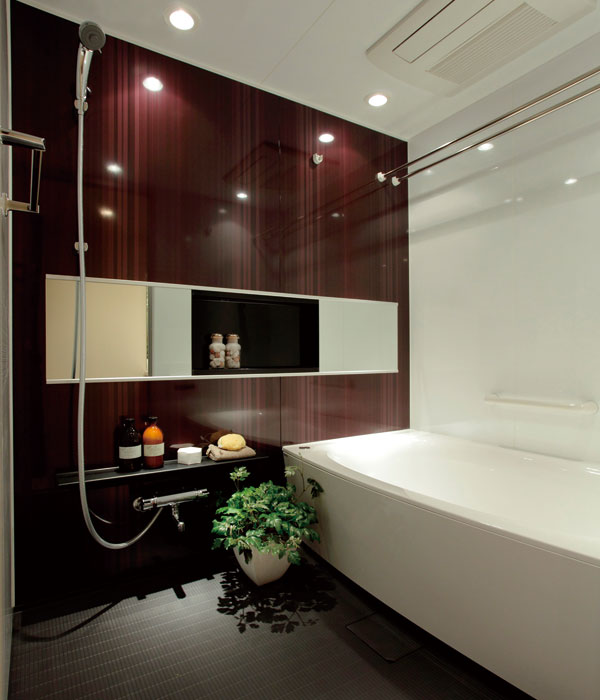 Bathing-wash room.  [Bathroom] Adopt a full Otobasu to the hot water clad in one switch. In the bathroom, Handrail to support and out, Established a line niche to be neat and holding small objects. Also, Standard equipped with a soothing downlight.