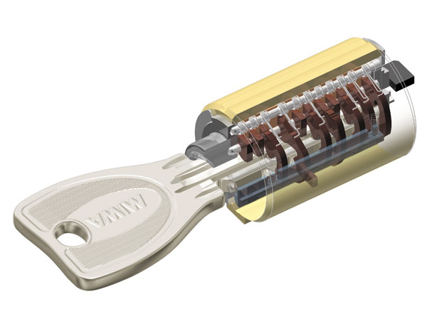 Security.  [Progressive cylinder key] Progressive cylinder key, Picking and replication is not only difficult, The key is with an emphasis on the safety of the strong life also to drill attack in the adoption of high hardness parts. (Conceptual diagram)