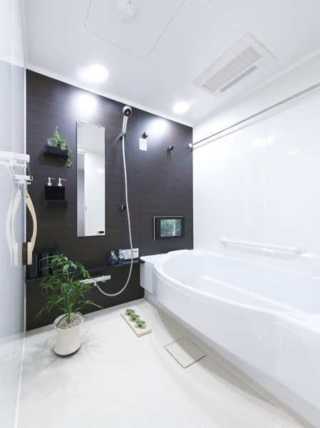 Bathing-wash room.  [Bathroom] Bathroom which adopted a semi-circular-type wide tub that are both slowly relaxing bathing feeling in the family in the modern design. (Model Room N1 type)