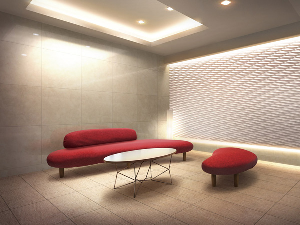 Shared facilities.  [Entrance hall] Entrance is a mansion of the prologue. The walls of the entrance hall, which was a wave motif is, Produce a natural peace. Using the earth color, While to cherish the texture of natural materials, It has created a space that is wrapped in the soft light of indirect lighting. Place the sofa of high interior of Isamu Noguchi. The live people, Invite you to fine private was full of warmth. (Rendering)