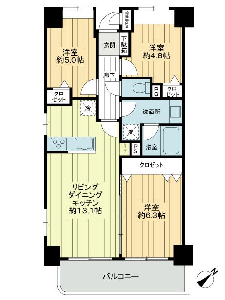 Floor plan. 3LDK, Price 31,800,000 yen, Occupied area 63.43 sq m , Balcony area 7.32 sq m