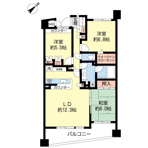 Floor plan. 3LDK, Price 34,800,000 yen, Footprint 77.3 sq m , Balcony area 12.1 sq m
