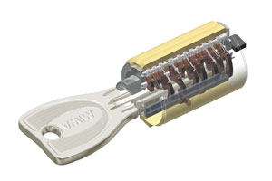 Security.  [Reversible dimple key] In order to prevent incorrect lock picking, etc., Replication has adopted a very difficult dimple key. Also, The key is useful because you can use either the front and back. (Conceptual diagram)