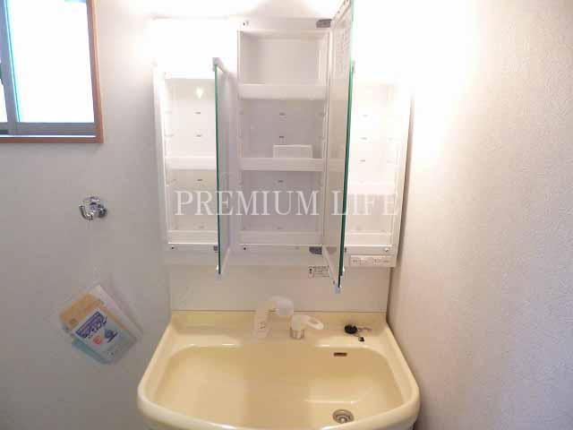 Wash basin, toilet.  [Bathroom vanity] The back of the three-sided mirror has become a convenient storage rack. 