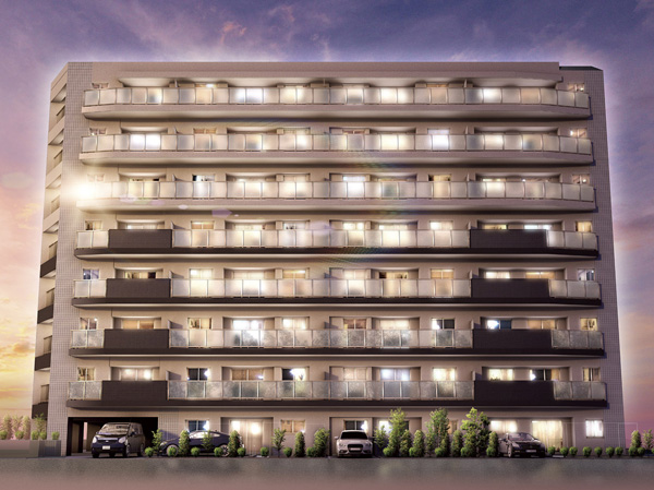 Shared facilities.  [Exterior - Rendering] Contrast with the night sky, which spread also beautiful "Plessis Mizue" is, Born in the ground eight-story, which is also the height scale feeling. ( ※ Which was raised drawn based on drawing, In fact a slightly different.  ※ Planting does not indicate the status of a particular season. Also, Tree species of planting ・ About the size has become a undetermined, It does not grow to about Rendering at the time of completion)