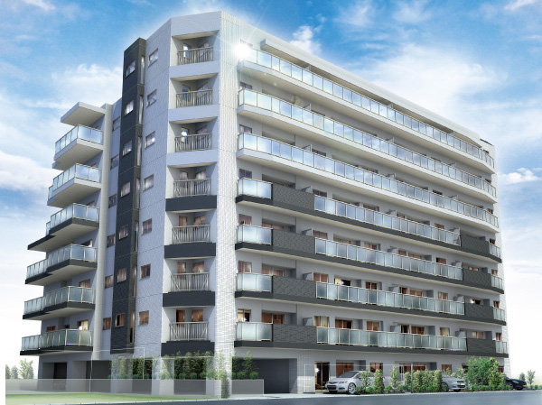 Shared facilities.  [Exterior - Rendering] Toned of flawless white, By sprinkle the black everywhere as a visual accent, To the building to appeal the presence. A balcony of glass handrail continuing in the horizontal direction, It highlights the beauty. ( ※ Which was raised drawn based on drawing, In fact a slightly different.  ※ Planting does not indicate the status of a particular season. Also, Tree species of planting ・ About the size has become a undetermined, It does not grow to about Rendering at the time of completion)