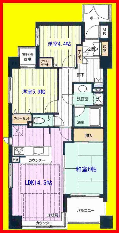 Floor plan. 3LDK, Price 30,800,000 yen, Occupied area 72.41 sq m living with floor heating