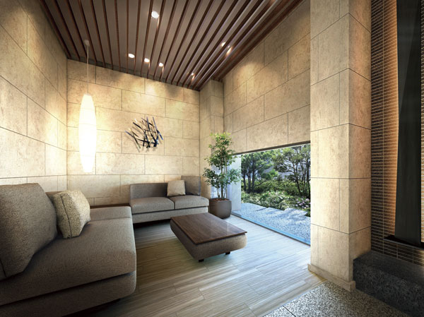 Shared facilities.  [Entrance to change, such as in the light, Shared part attention to detail such as a lounge with green heal is alive] Along with the border tiles in the foundation of the entrance, Adopt a louver full of art feeling that changes depending on the light and view of human movement. Tilt ceiling and that take advantage of the height in the entrance hall, Ya soft wall finish of plaster finish, To green Tsuboniwa in the lounge with such as the position of the window that invites the gaze, We have to cherish the people comfort that are normally use. (Lounge Rendering)