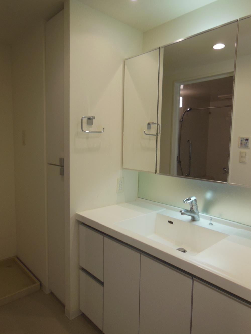 Wash basin, toilet. Is a 3-mirror vanity with back storage.