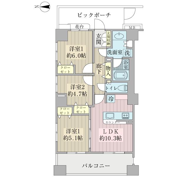 Floor plan. 3LDK, Price 33,800,000 yen, Occupied area 61.61 sq m , Balcony area 10.98 sq m