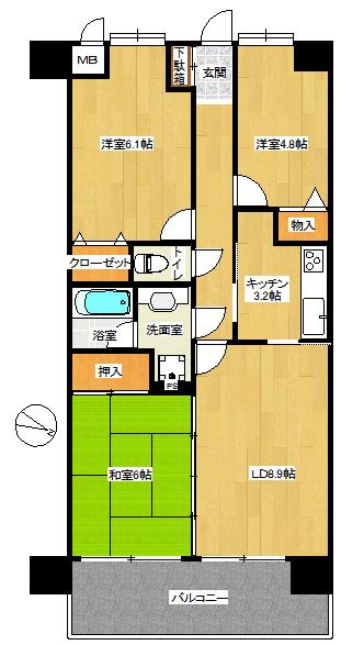 Floor plan. 3LDK, Price 19 million yen, Occupied area 63.84 sq m