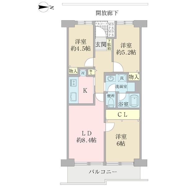 Floor plan. 3LDK, Price 27,800,000 yen, Occupied area 63.02 sq m , Balcony area 7.62 sq m
