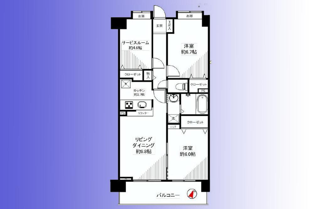 Floor plan. 2LDK + S (storeroom), Price 28.8 million yen, Occupied area 64.38 sq m , Counter kitchen conversation with balcony area 9.74 sq m family bouncy. Pet breeding is also possible (Terms have)