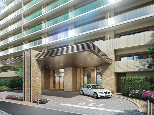 Shared facilities.  [Entrance (driveway)] Eaves of the depth of about 9m, Skin of quartz rock controversial magnificent impression cracking, Approach in which a carriage porch. The driveway that can be used gracefully even when a lot of the day and luggage rain, It will produce the moments to live promote Trades. (Rendering ※ Which was raised to draw based on the drawings of the design stage, In fact and it may be slightly different. Also, Planting a particular season ・ Those drawn on the assumption the state at the time of your move does not have a. )