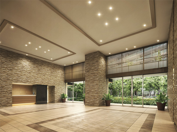 Shared facilities.  [Grand Entrance] Stepping into the entrance, Spread the grand hall of the two-layer blow-by to switch the atmosphere of the space vividly. Of waiting in the hall behind the, I want a glass wall over full of open feeling beautiful green landscape of the "season Forest". (Rendering ※ Which was raised to draw based on the drawings of the design stage, In fact and it may be slightly different. Also, Planting a particular season ・ Those drawn on the assumption the state at the time of your move does not have a. )