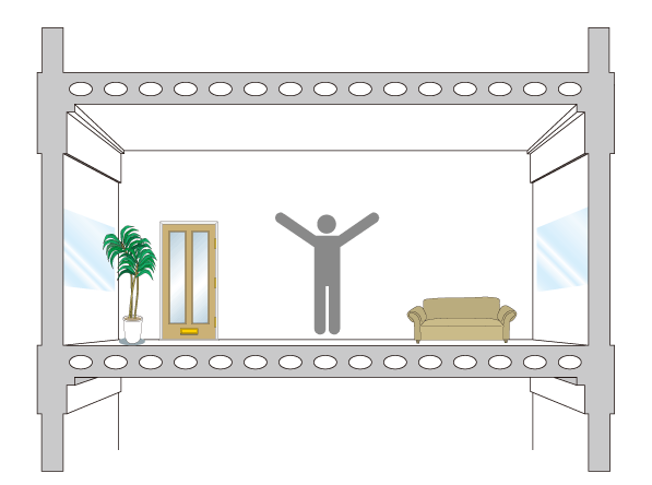 Building structure.  [Void Slabs] Means spaces the void (void), By forming a hollow portion by using a 捨型 frame in a reinforced concrete slab, While preventing a decrease in the bending stiffness of the slab, Thing to reduce the slab to its own weight. as a result, Without providing the joists in the ceiling portion, You can secure a large indoor space. (Except for some) (conceptual diagram)