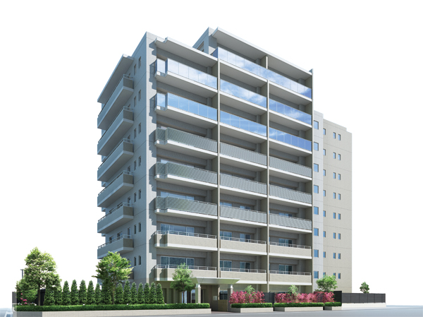 Buildings and facilities. Balcony of brilliant glass panel handrail, Tile feel the texture, Neat louver material, such as, Building design with a delicate and expressive. And green wrap the site gently, Perforated block strike a rich texture while through the wind and the light, etc., Deepen the comfort enough to live, Easy living truly, I kept in mind the building felt the gentleness. (Exterior view)