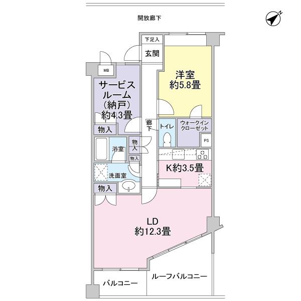 Floor plan. 2DK + S (storeroom), Price 25,800,000 yen, Occupied area 64.42 sq m , Balcony area 3.71 sq m