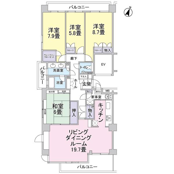 Floor plan. 4LDK, Price 40,500,000 yen, Footprint 125.49 sq m , Balcony area 19.05 sq m southeast ・ Southwest ・ Northwest of the 3 direction room