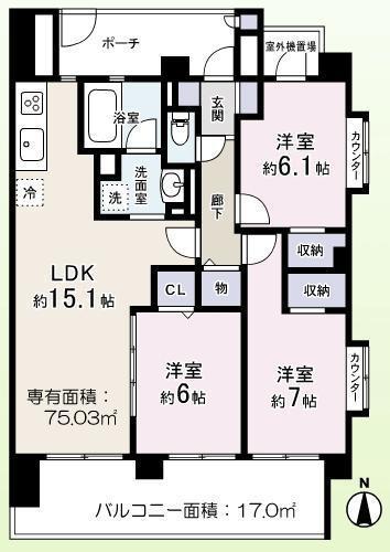 Floor plan. 3LDK, Price 28,900,000 yen, Occupied area 75.03 sq m , It is recommended on the balcony area 17 sq m with stylish furniture!