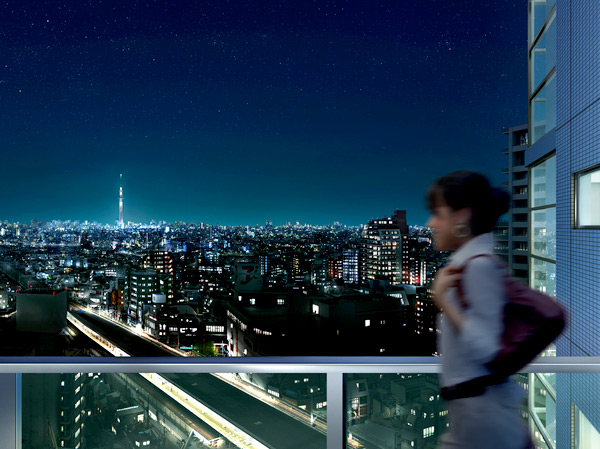 Shared facilities.  [Shared hallway to bring healing and a feeling of opening overlooking the city center] Under eyes to JR "Koiwa" station, You can look at the streets of the downtown district that greatly expands.  ※ Shared corridor Rendering ※ To view photos from the local 18th floor equivalent (April 2013 shooting), Night view, Subjected to a CG processing such as a person, CG synthesis building Rendering that caused draw based on the drawings of the planning stage ・ Which was processed, In fact a slightly different. Also, Surrounding environment ・ View might change in the future.