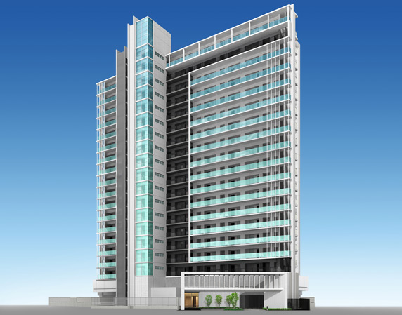 Shared facilities.  [Impressive appearance form transparent feeling of the floor line and the glass was a white tones] The ground 18 floors ・ All 136 units. It is building a sense of presence that has been wrapped in a glass, "Crystal Marks" that gives a vivid impact on the eye of the beholder.  ※ Exterior - Rendering