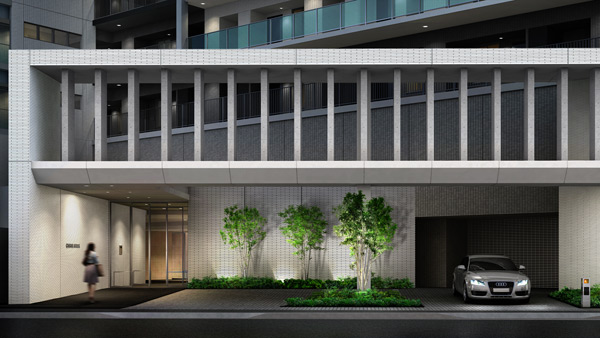 Buildings and facilities. Greet the living cormorants how and visitors, Majesty proudly standing entrance gate.  ※ Entrance Rendering ※ Rendering a person to those that caused draw based on the drawings of the planning stage ・ In fact a somewhat different in those CG synthesizing a car, etc..  ※ Trees such as the on-site is what drew the image of the location after you've grown. Also, Shades of leaves and flowers, Tree form, etc. is slightly different and are from the actual image. It should be noted, Planted 栽計 images are subject to change.