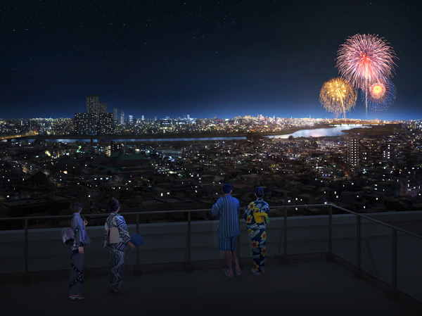 Buildings and facilities. Can also be distant view and how the summer tradition of Edogawa "Edogawa fireworks".  ※ Rooftop terrace Rendering ※ Night view to view photos from the local 18th floor equivalent (April 2013 shooting), fireworks, CG synthesis the person or the like ・ In fact a somewhat different in what was processed. CG synthesis in order to express the was launched fireworks in the "Edogawa fireworks" ・ Which was processed, Launch position, size, Slightly different from the actual views about the height. It should be noted, There is no guarantee for the future of holding the presence or absence of "Edogawa fireworks".