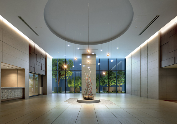 Shared facilities.  [Entrance Hall Rendering] Design concepts, such as the entrance hall and the lounge is "adult space". Be aware of the harmony with the lush environment while maintaining the adult impression, Aimed a free and open atmosphere building, such as the resort hotel.