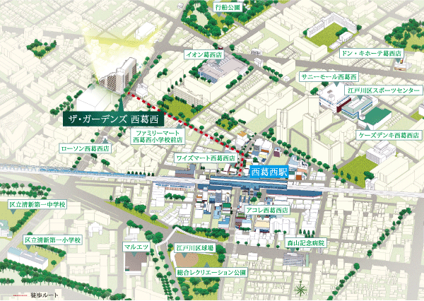 Surrounding environment. The peripheral local, Including the ion Kasai shop, Topi Lek Plaza and SUNAMO (bicycle about 9 minutes ・ Car about 4 minutes / About 2130m) large-scale commercial facilities is dotted with a number of the living area, etc.. Used properly, You can smarter shopping every day. Also it has spread also a number of park. Row boat park, Heisei garden and nature Zoo, About 30,000 sq m park of the home to such fishing pond. In addition to meet the penguins and the kangaroo is a natural zoo, It is also available corner petting. (Local peripheral illustrated map)