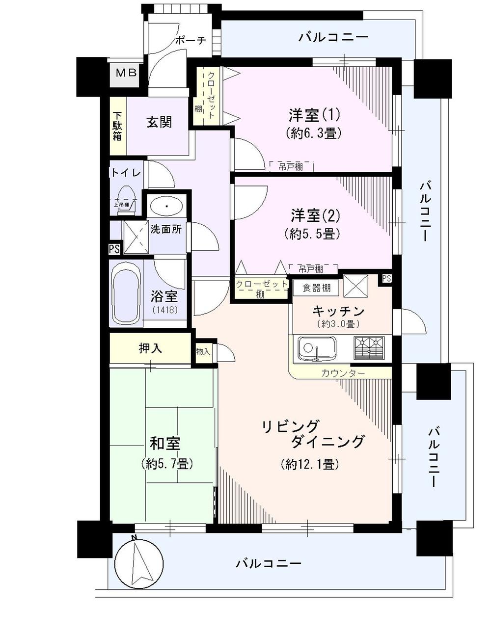 Floor plan. 3LDK, Price 24,800,000 yen, Occupied area 71.68 sq m , Balcony area 33.23 sq m