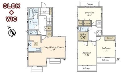 Floor plan. (1 Building), Price 46,800,000 yen, 3LDK, Land area 113.6 sq m , Building area 90.68 sq m