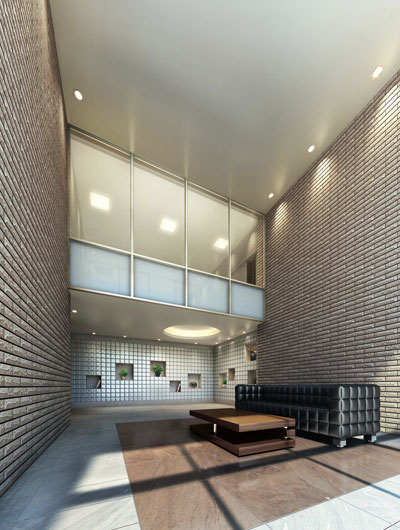 Shared facilities.  [Lounge] In the atrium open lounge of, A glass block adopted, Random was directing the Tama River feeling sparkle of by arranging the shelves. (Lounge Rendering)