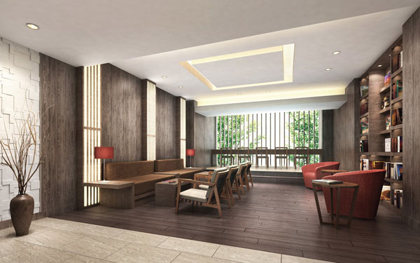 Shared facilities.  ["Owner's Lounge" in the second living sensation] On the second floor went up the stairs from the "Grand Lobby" is, Established the "Owner's Lounge" to be able to spend in the private sense. In addition to the space where we arranged comfortably the table and sofa, Also available counter corner wrapped sunlight through trees in the windowsill. Equipped with a library or a wireless LAN environment, Reading and study, Correspondence as a place of work. Because of the close toilet and vendors, You can slowly relax, even a long time. (Rendering)