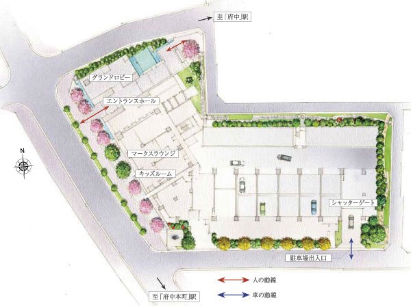 Shared facilities.  [Clear some grounds of the four-way road. Landscape condensed the rich nature of Fuchu] While remaining "Fuchu" station 4 minutes walk, Site shape blessed that all sides to Seddo. Around the site, Including Zelkova is a symbol of the city, Stone pavement with the motif of the approach of Ōkunitama Shrine, Named after the Tama River cherry trees and Seascapes, Such as the tree-lined streets that reproduces the original landscape of Musashino, Design a landscape that has been condensed nature of Fuchu. Lush greenery of mind is peace in moisture, To produce a living to enjoy the petting. (Site layout concept illustration)
