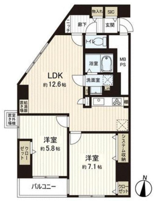 Floor plan. 2LDK, Price 24,900,000 yen, Occupied area 58.19 sq m , Balcony area 4.14 sq m