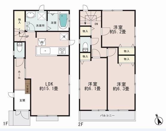 Floor plan. (Building 2), Price 32,800,000 yen, 3LDK, Land area 93.9 sq m , Building area 80.11 sq m