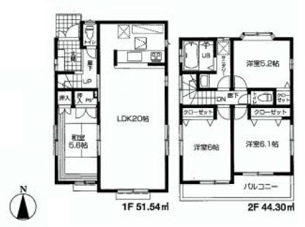 Floor plan. (Building 2), Price 46,800,000 yen, 4LDK, Land area 119.29 sq m , Building area 95.84 sq m