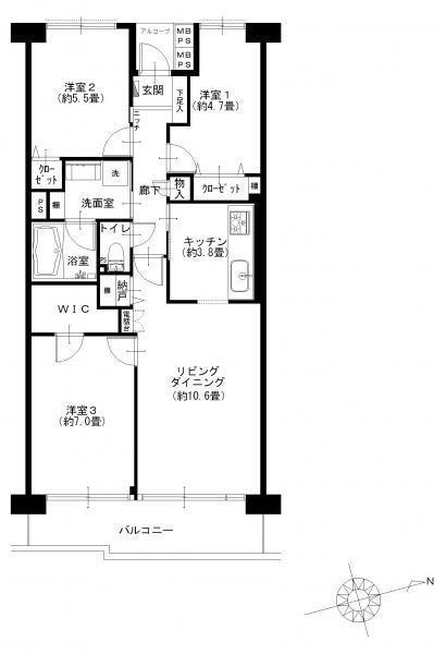 Floor plan. 3LDK, Price 29,900,000 yen, Occupied area 70.77 sq m , Balcony area 8.62 sq m